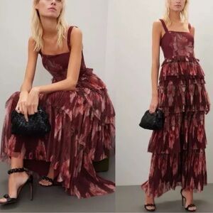 Hutch Nalina Floral Maxi Tiered Tulle Dress in Burgundy